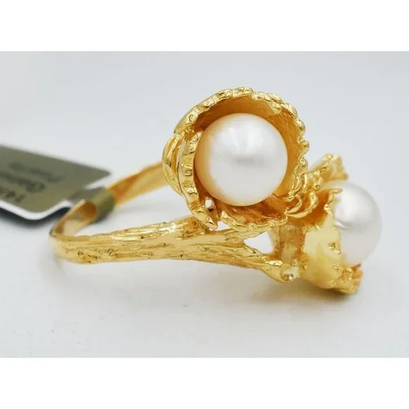 Genuine 7 mm Pearls Ring 14K Yellow Gold